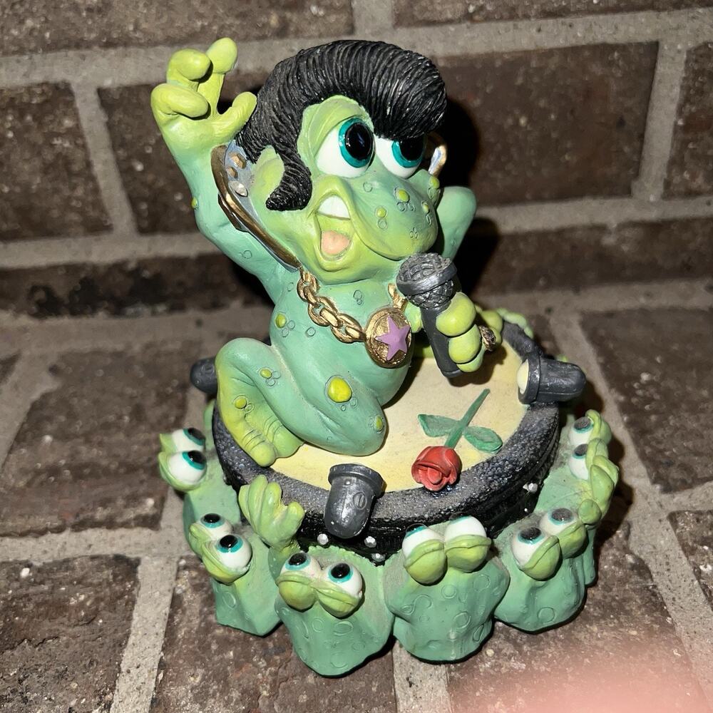 Vintage 1994 Sprogz At The Hop Elvis Frog Music Box Figurine W/ Rhinestone Ring
